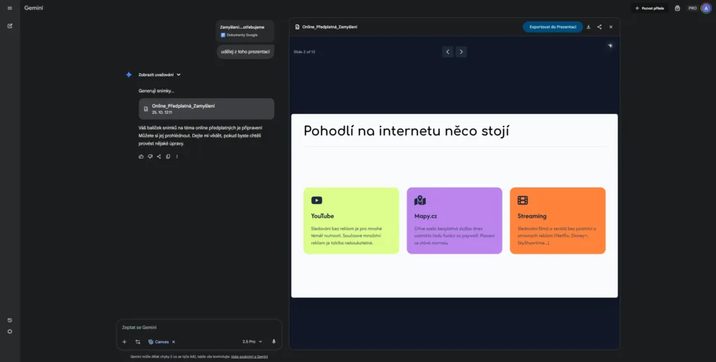 google gemini canvas tvorba prezentace hotove slajdy