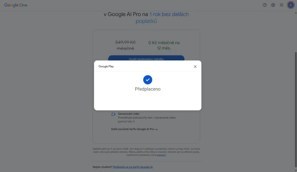 google gemini pro studenty zdarma predplaceno
