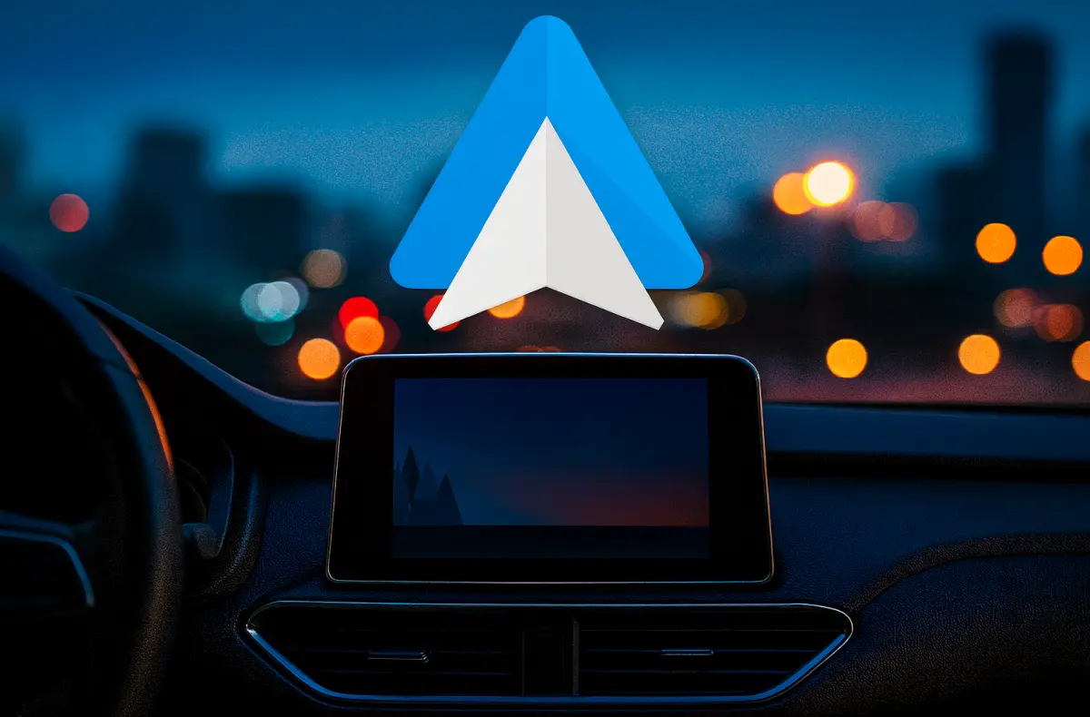 interier vozidla s logem android auto nad infotainment systemem v nocnim meste