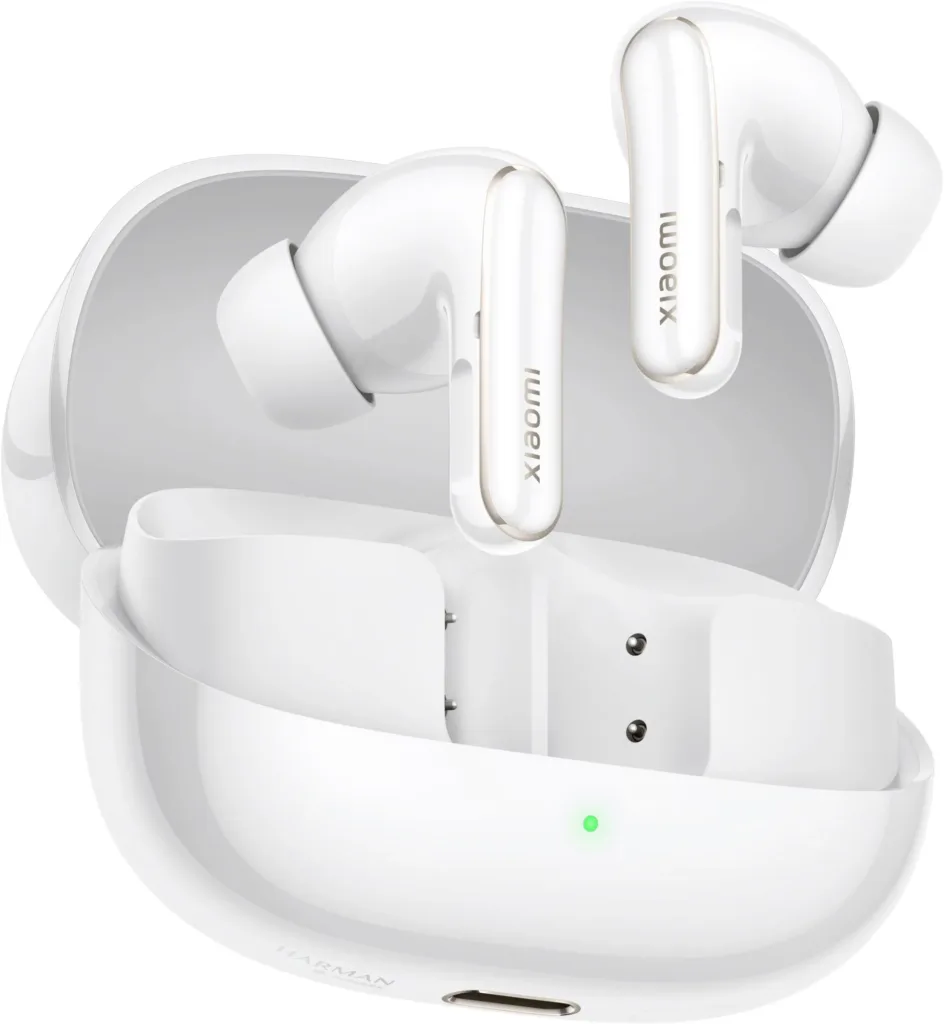xiaomi buds 5 pro bila render oficialni sluchatka vystupujici z krabicky