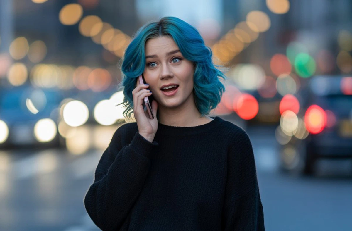 žena modré vlasy telefonuje