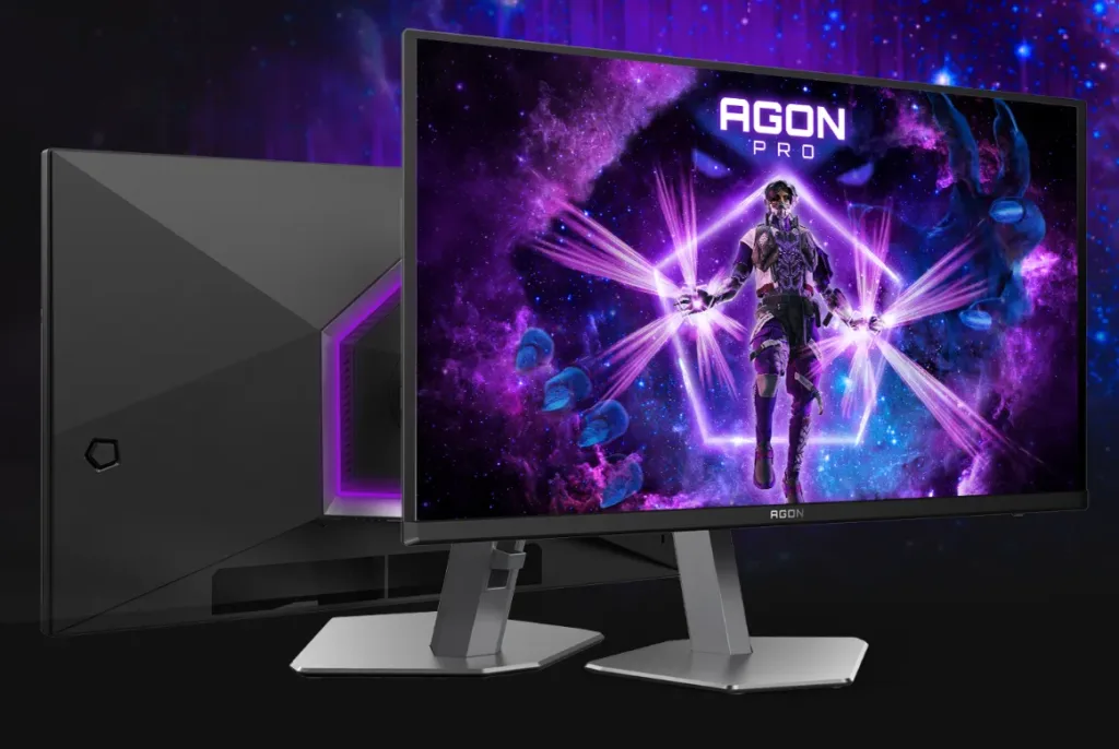 AOC AGON AG276QZD2 predni a zadni strana na fialovem pozadi