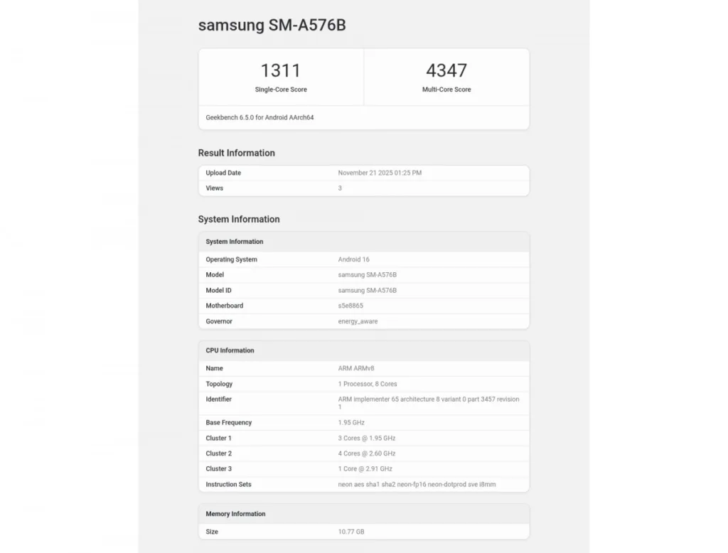 Samsung Galaxy A57 geekbench