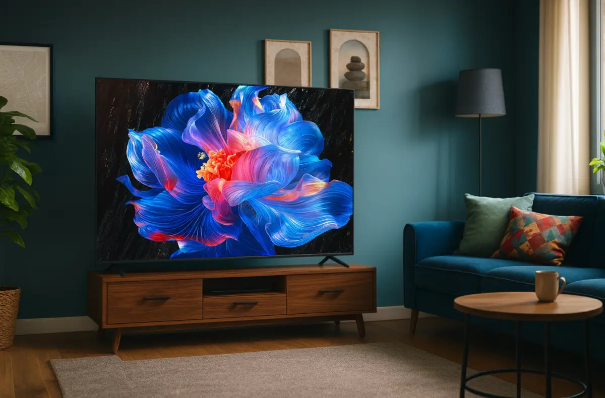 TCL 55V6C v obyvaku ai ilustrace