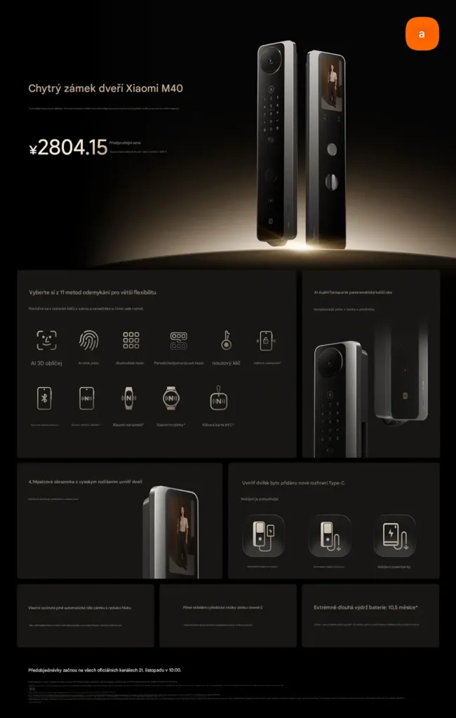 Xiaomi Smart Door Lock M40 seznam vlastnosti
