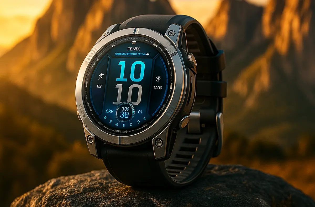 garmin fenix E na kameni se skalami v pozadi