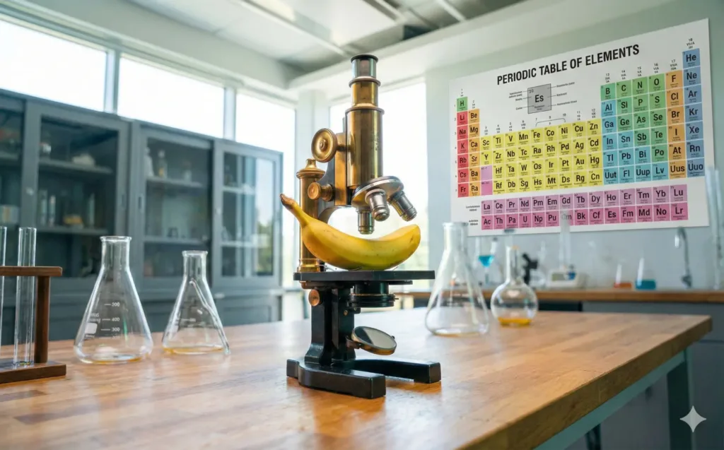 google nano banana pro banan pod mikroskopem s periodickou tabulkou v pozadi