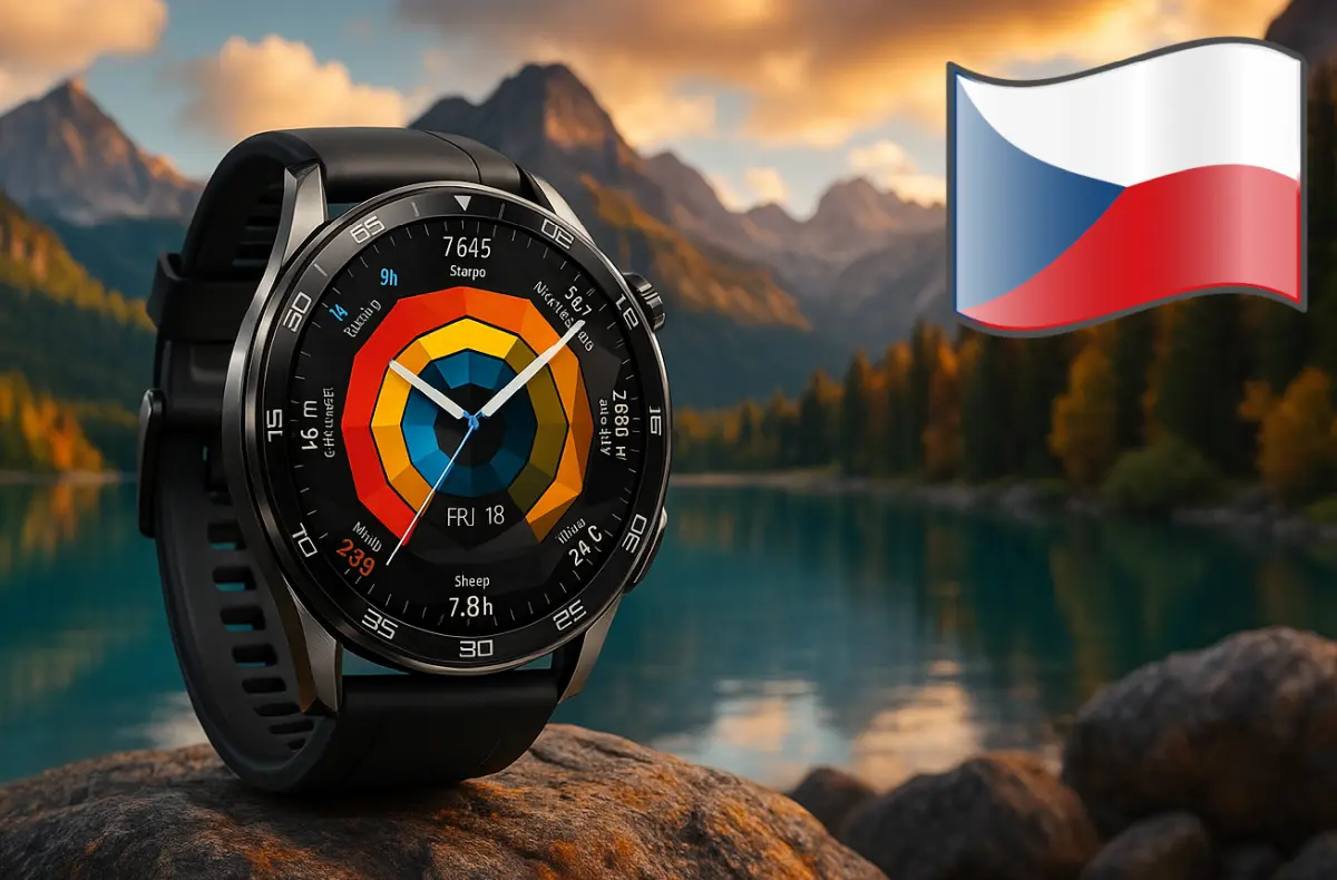 huawei watch gt 5 cerna na pozadi s jezerem a horami