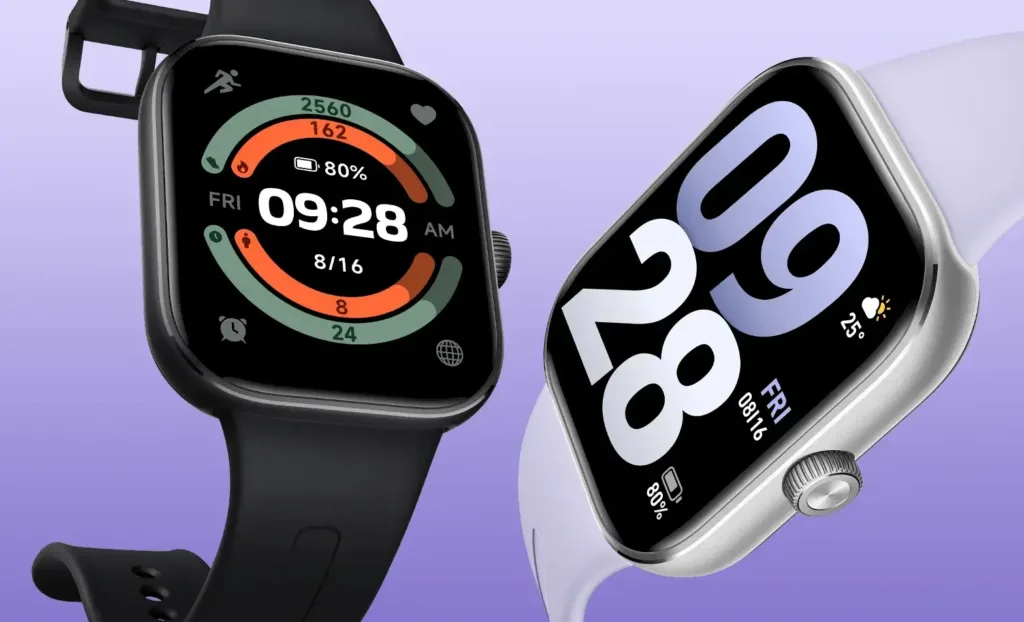xiaomi redmi watch 5 cerna stribrna na fialovem pozadi