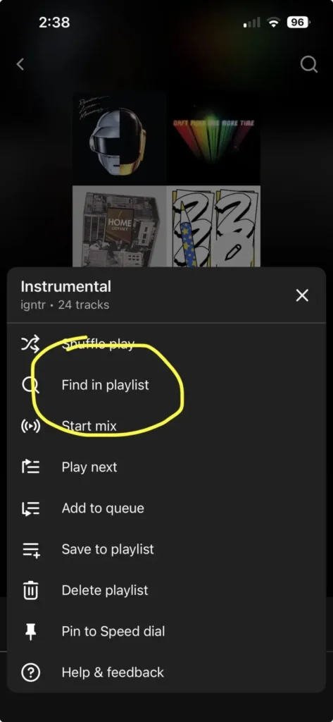 youtube music find in playlist screenshot