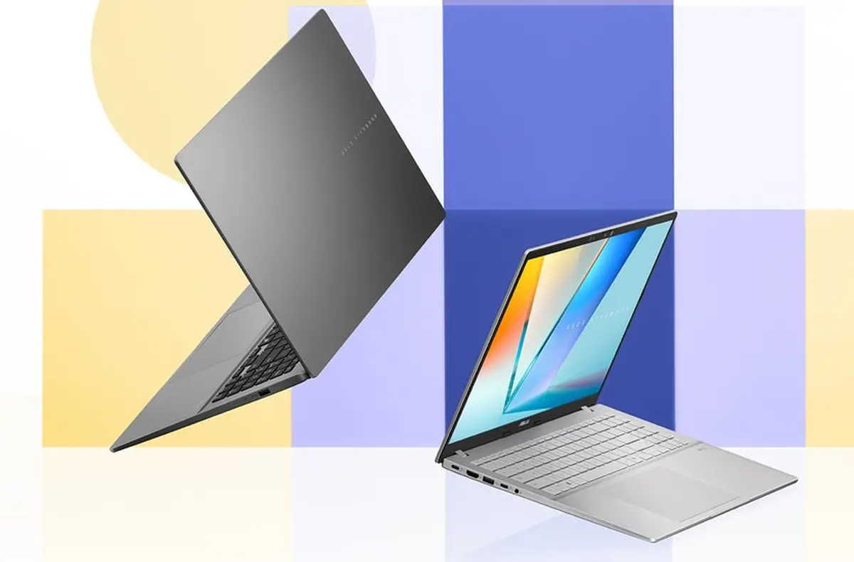 Asus Vivobook S16 dva notebooky na pozadi s tvary