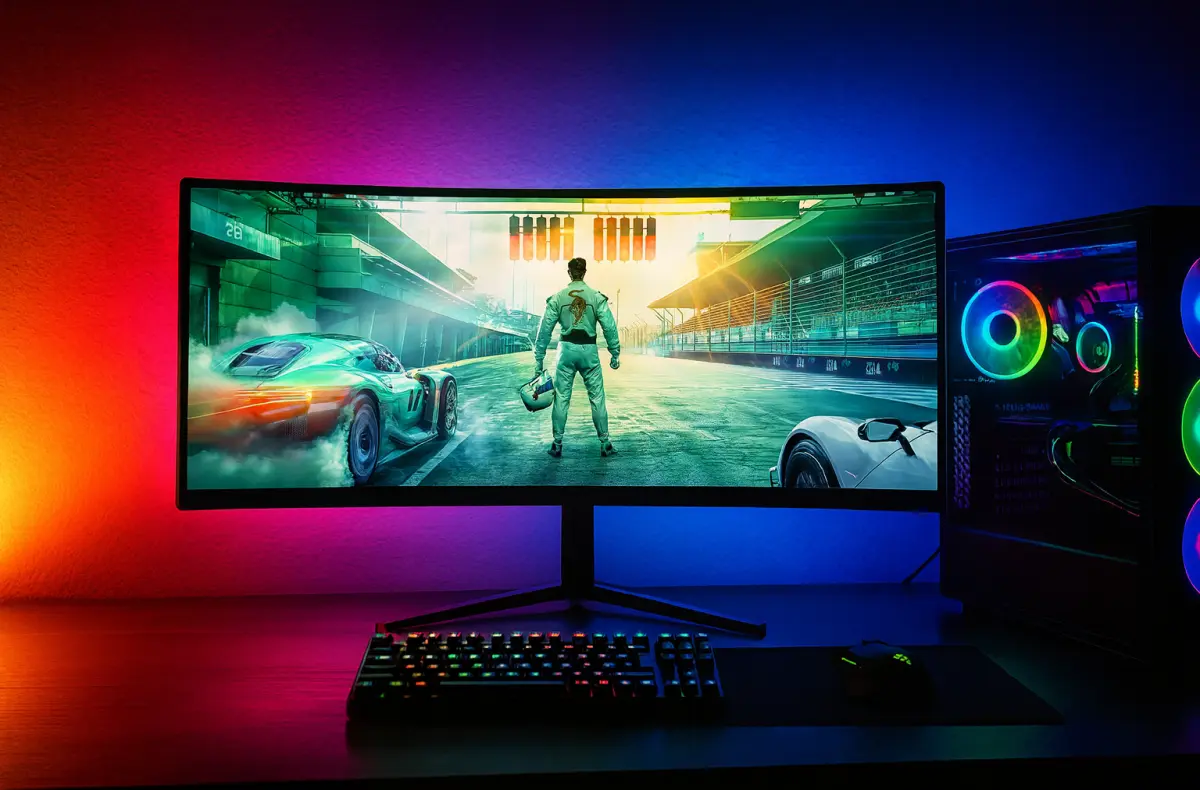 Philips 34M2C3500L na stole s pocitacem a prislusenstvim ai ilustrace