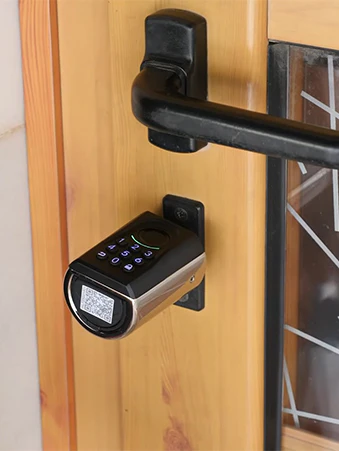 WELOCK illuminated keypad smart lock on wooden door with black handle