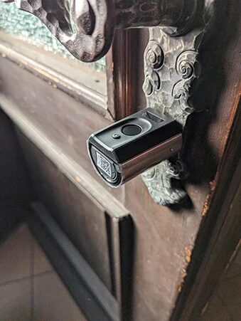 welock touch41 fingerprint lock on vintage wooden door