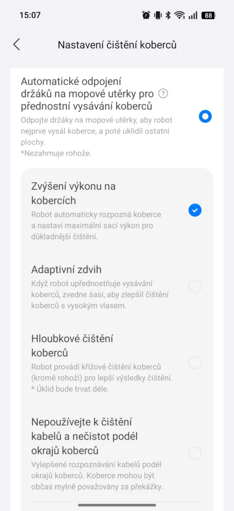 Aplikace Roborock cisteni kobercu
