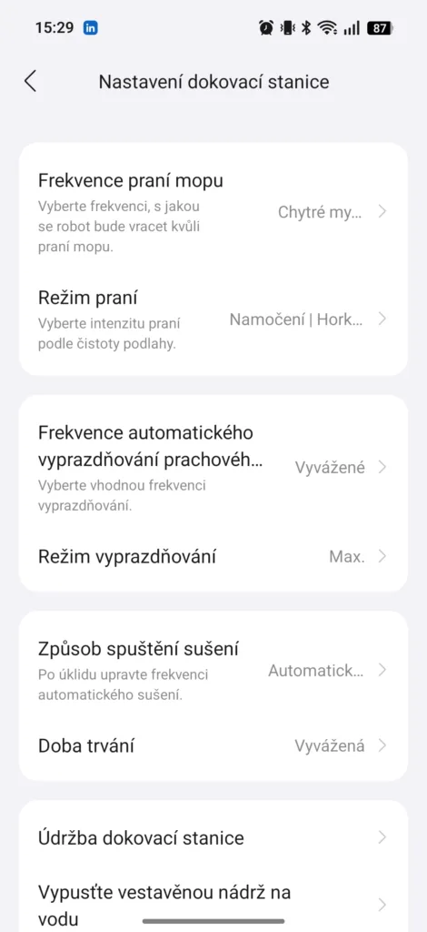 Aplikace Roborock nastaveni doku