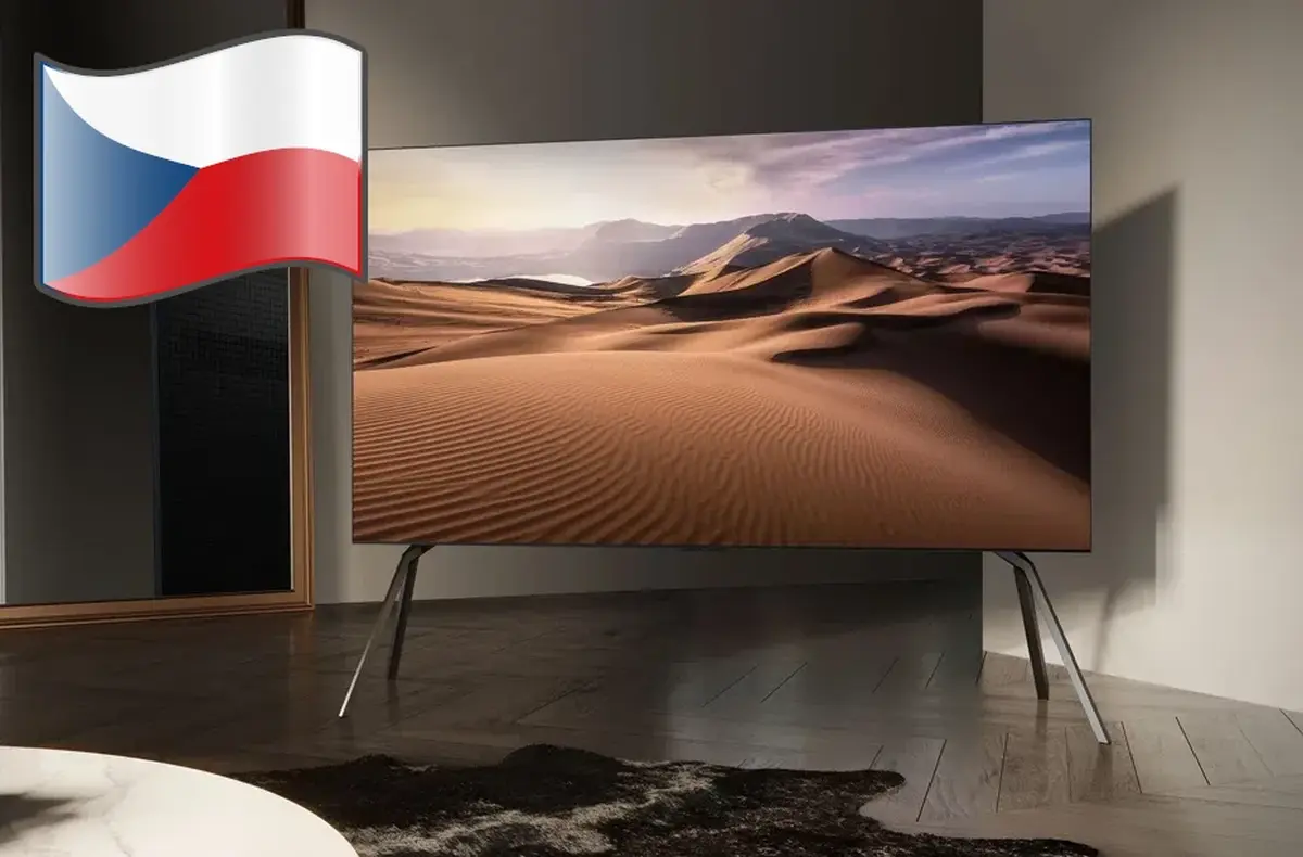 TCL 98X11K v obyvaku s ceskou vlajkou