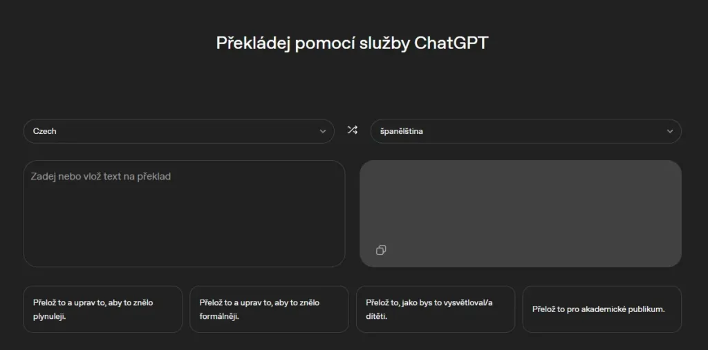 chatgpt translate textova pole