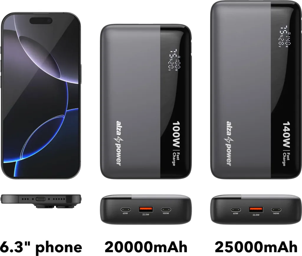 AlzaPower WorkMate 20000mAh Power Delivery 100W rozmery primer s telefonem
