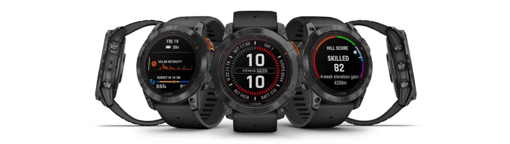 Garmin Fenix 7X Pro Solar pet modelu vedle sebe
