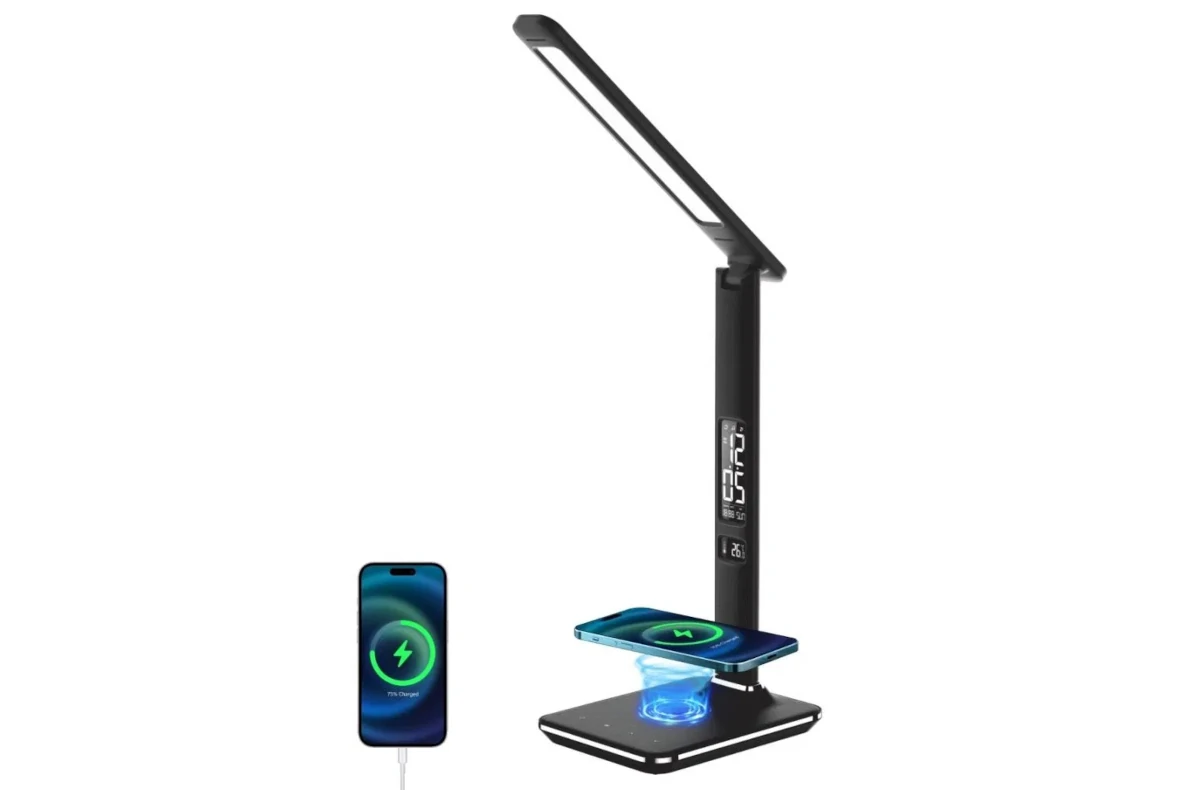 LED stolni lampicka IMMAX KINGFISHER Qi cerna s bezdratovym nabijenim Qi a USB render nahled