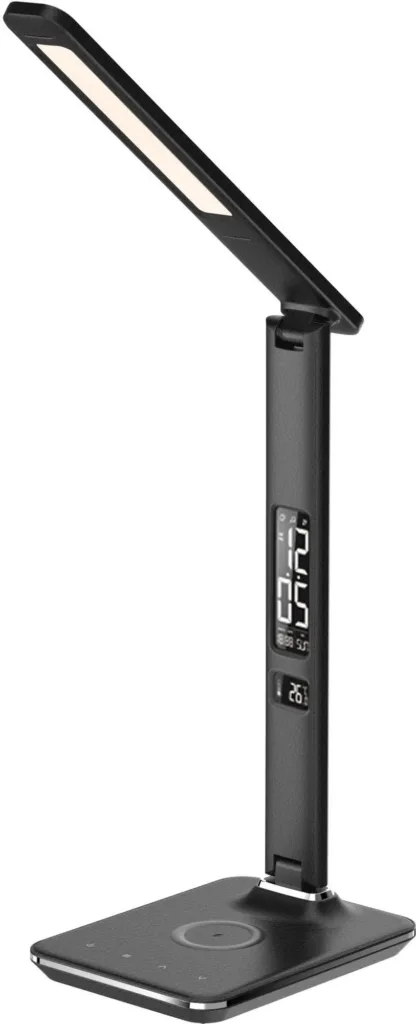 LED stolni lampicka IMMAX KINGFISHER Qi cerna s bezdratovym nabijenim Qi a USB samotna lampicka render