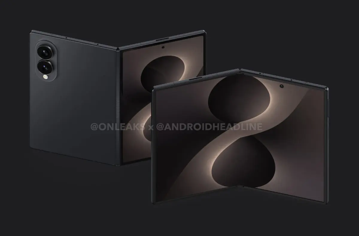 Samsung Galaxy Z Fold 8 Wide vnejsi a vnitrni strana rozlozena render