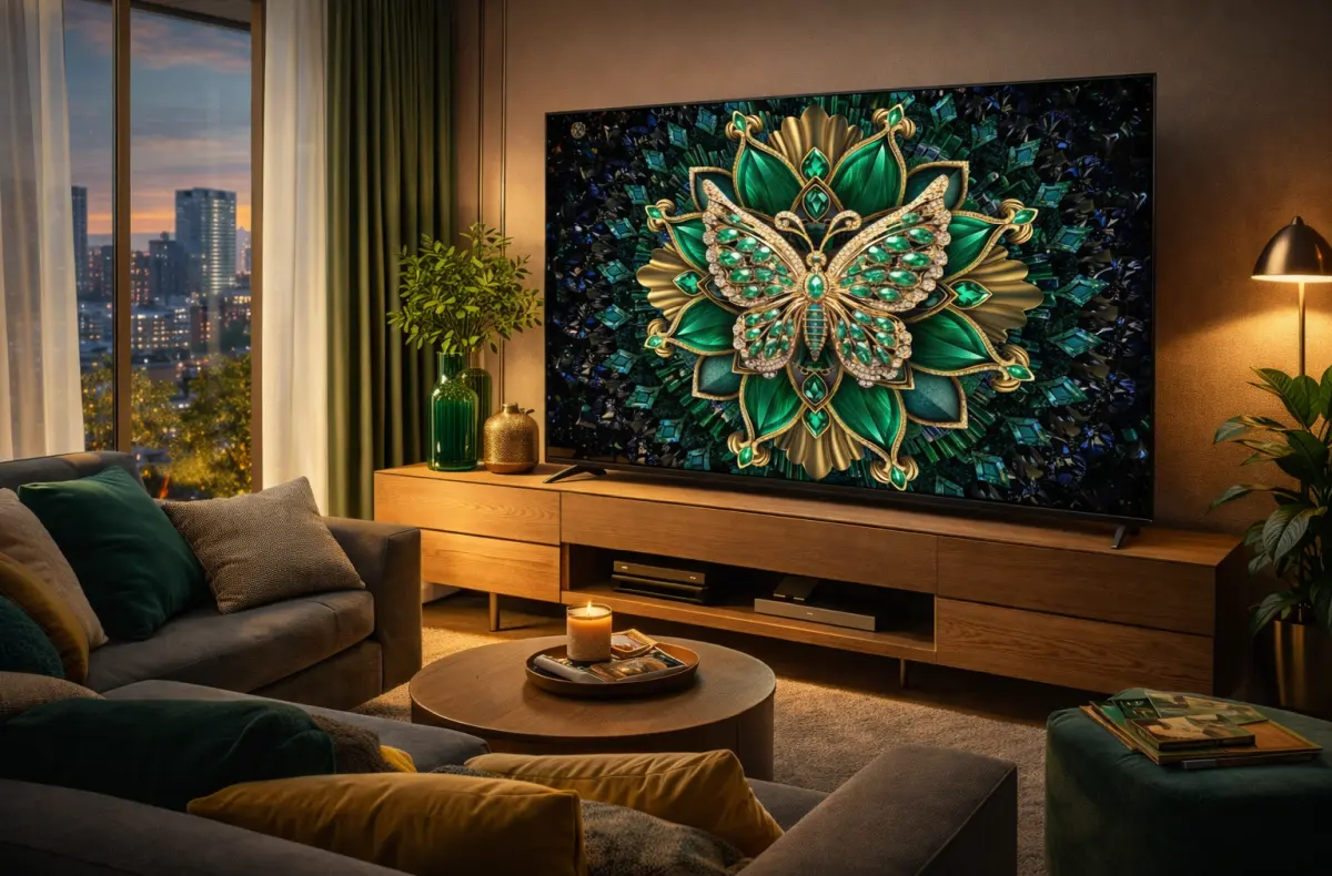 TCL 85C6K v obyvaku ai ilustrace