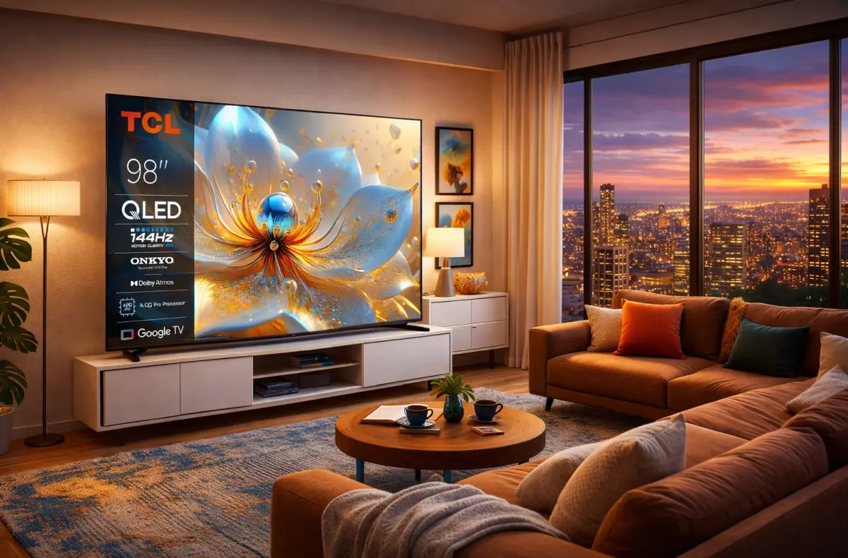 TCL 98T8C v obyvaku ai ilustrace