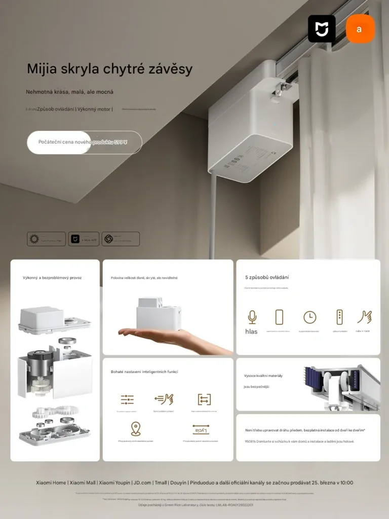 Xiaomi Mijia Hidden Smart Curtain specifikace preklad