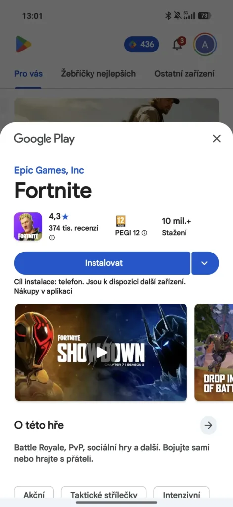 fortnite v obchode google play screenshot ze xiaomi 17