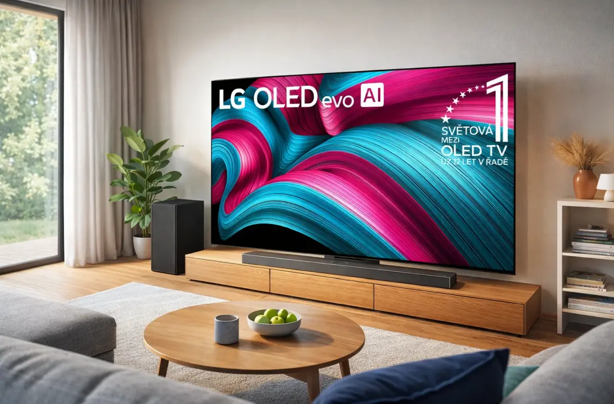 LG OLED65C54 Soundbar SC9S sada v obyvaku ai ilustrace