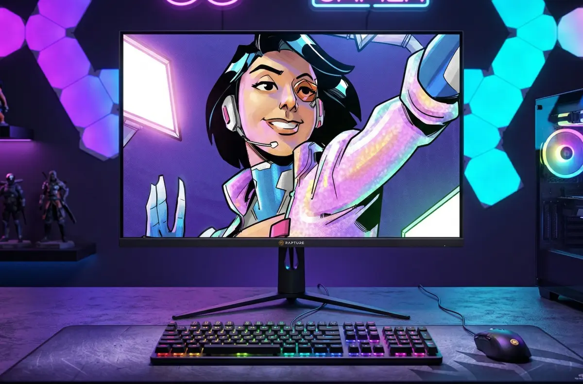 Rapture VIDE 32VFQ180 na stole v gamingove designovanem pokoji ai ilustrace