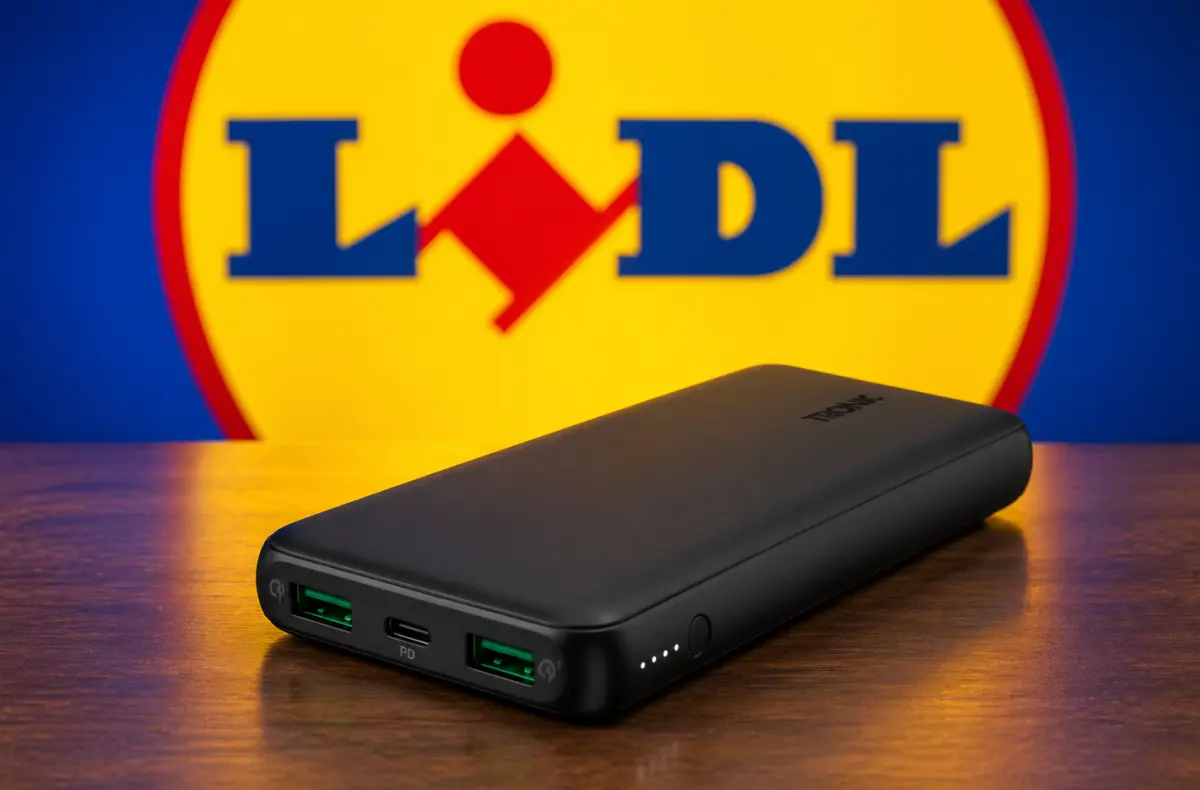 lidl tronic 10000mah powerbanka cerna na stole ai ilustrace