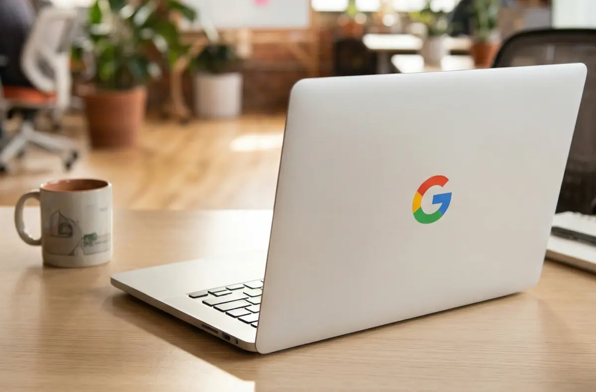 logo googlu na zadech notebooku na pozadi s kancelari ai ilustrace