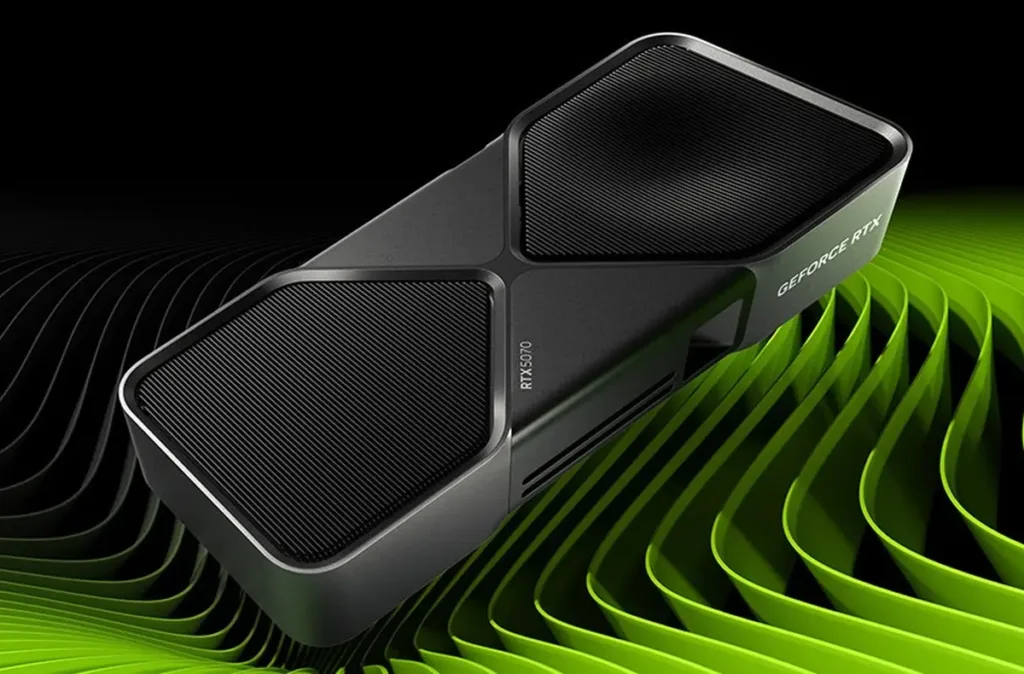 nvidia geforce rtx 5070 oficialni render na nvidia pozadi