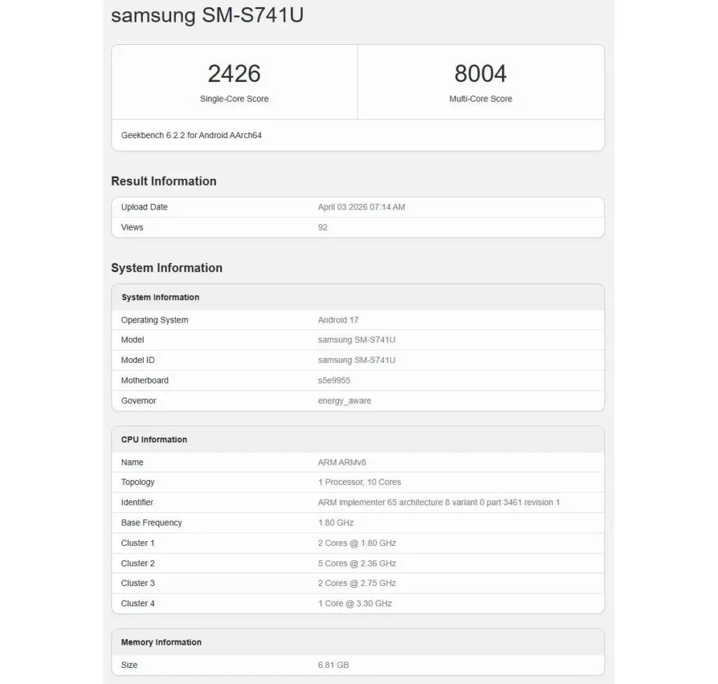 samsung galaxy s26 fe geekbench screenshot