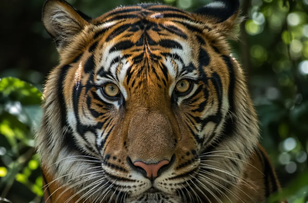 tygr na pozadi s dzungli s bokeh efektem