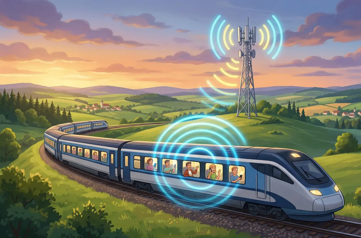 vlak na zeleznici prijimajici mobilni signal ai ilustrace