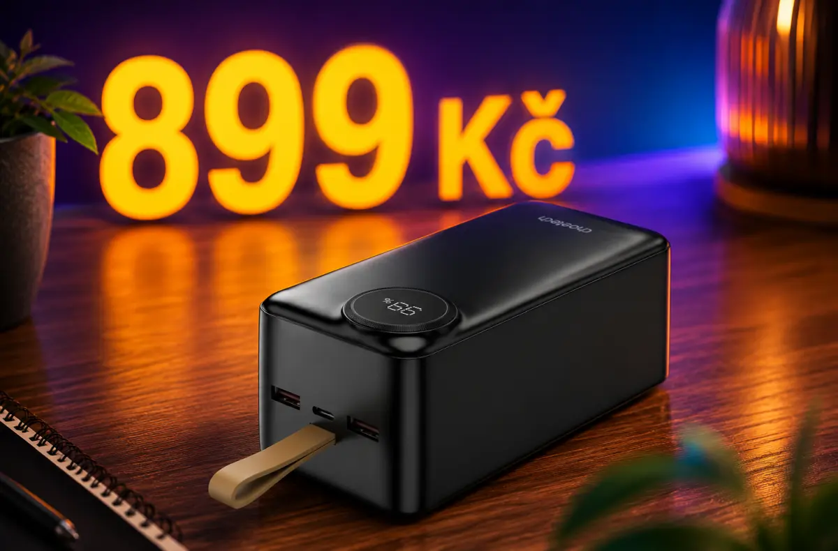 ChoeTech PD22.5w Power Bank 50000mAh na stole s cenou ai ilustrace