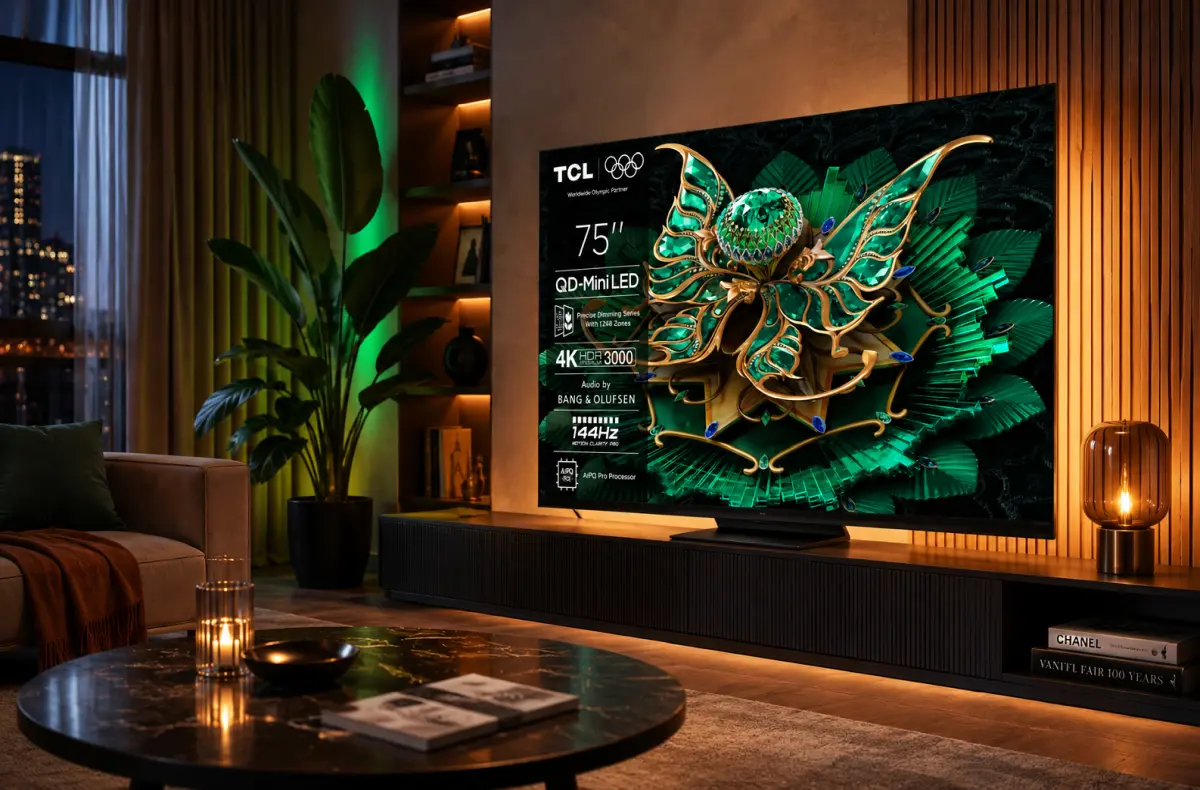 TCL 75C7K v obyvaku ai ilustrace