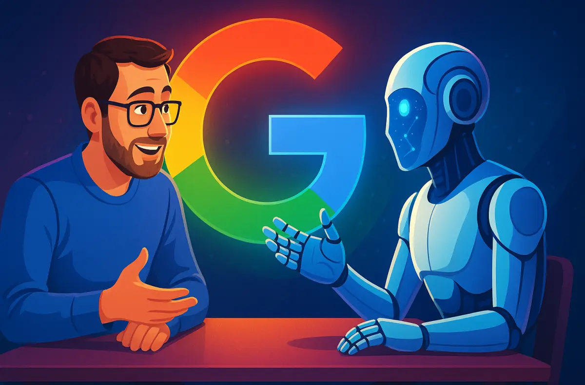konverzace cloveka s robotem ai ilustrace s google logem
