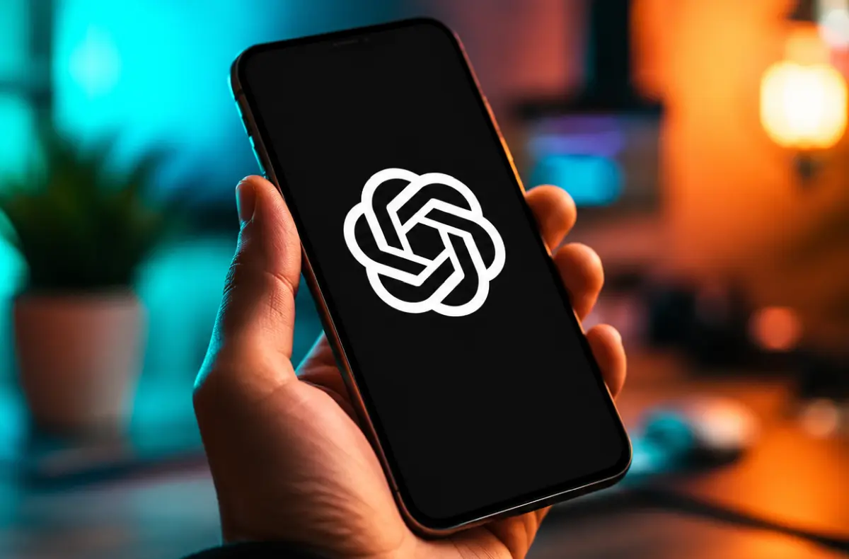ruka drzici telefon s logem openai ai ilustrace