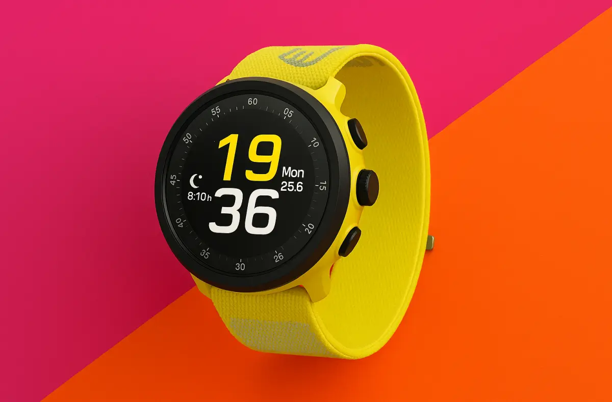 suunto run zluta na ruzovo cervenem pozadi