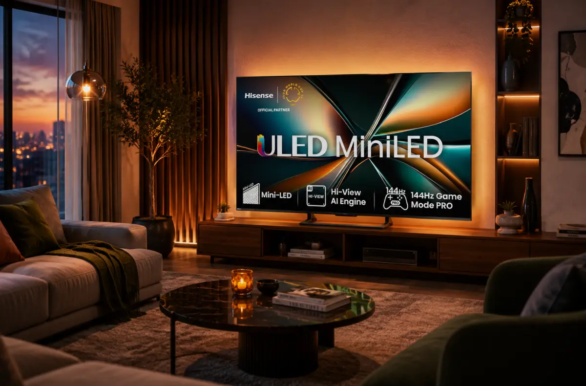 Hisense 55U7Q v obyvaku ai ilustrace