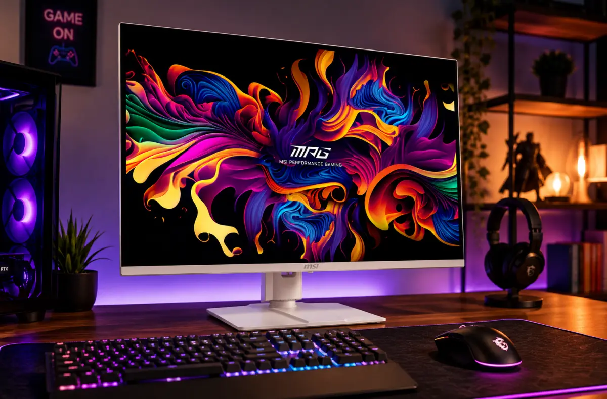 MSI MPG 321URXW na stole s prislusenstvim