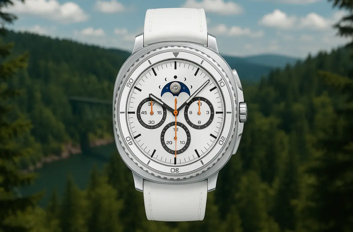 bila verze samsung galaxy watch8 classic na pozadi s lesem