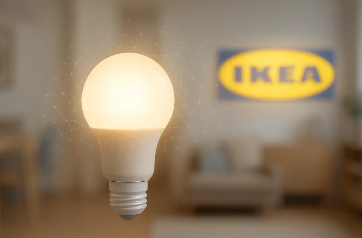 chytra zarovka na pozadi s rozmazanym logem ikea