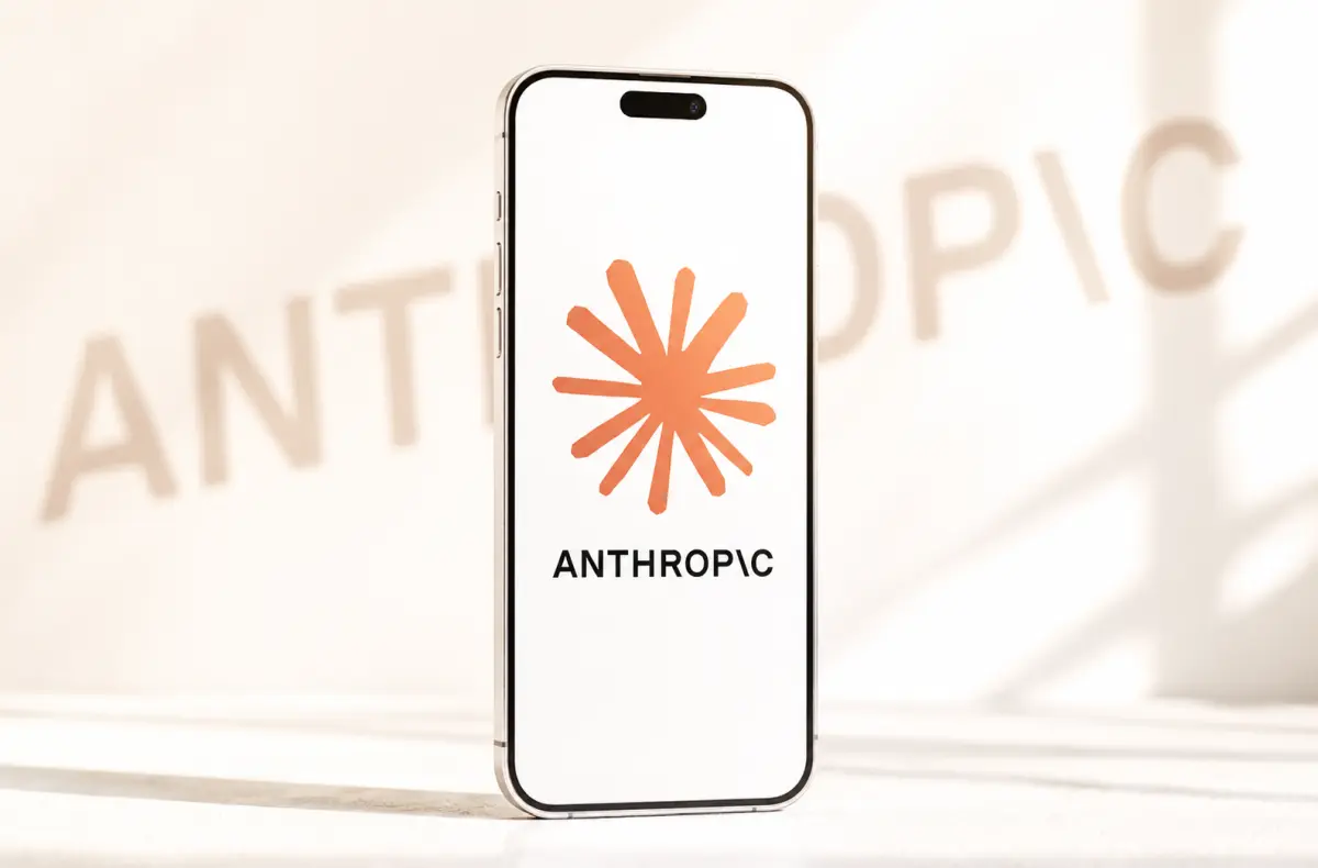claude logo na telefonu s napisem anthropic v pozadi svetly motiv