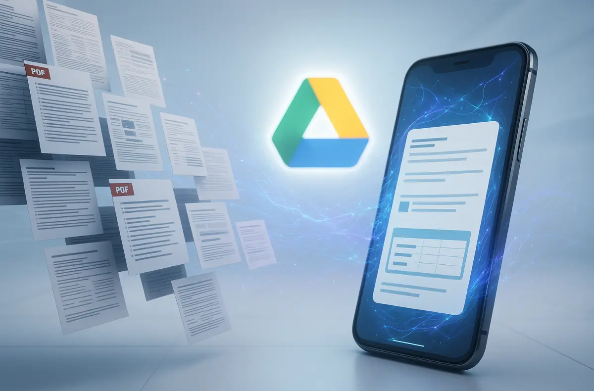 disk google tvorba pdf souhrnu na mobilu ilustrace s mobilem logem a dokumenty